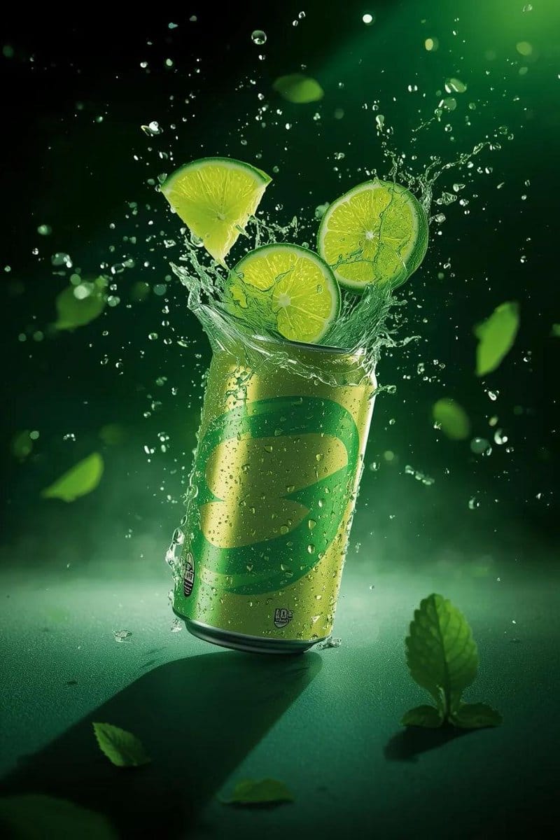Hyper-Realistic Commercial Product Shot of Exploding Lime Soda Can