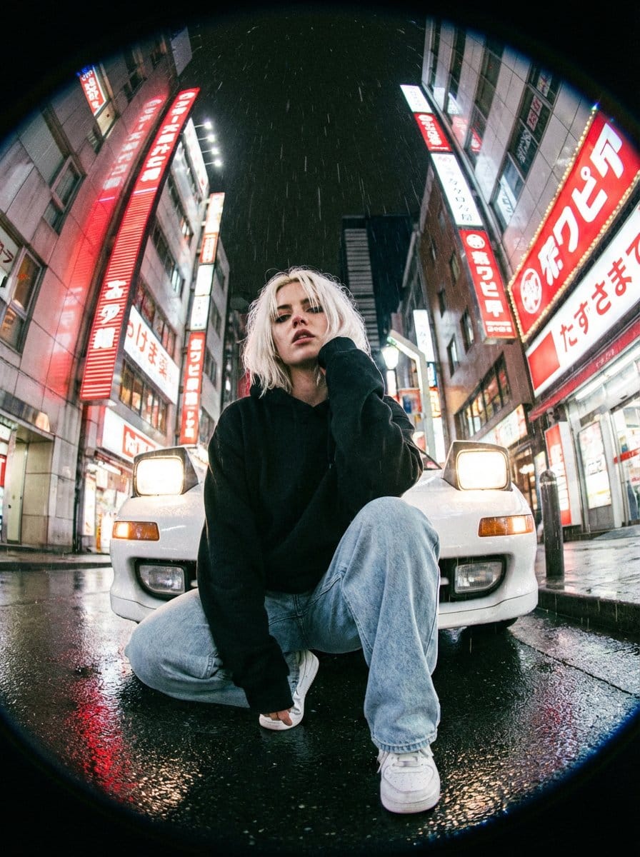 Hyper-Realistic Fisheye Street Portrait in Tokyo Rain