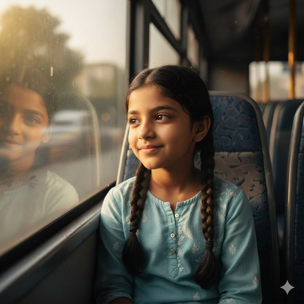 Hyper-Realistic Indian Girl on Bus Portrait Prompt
