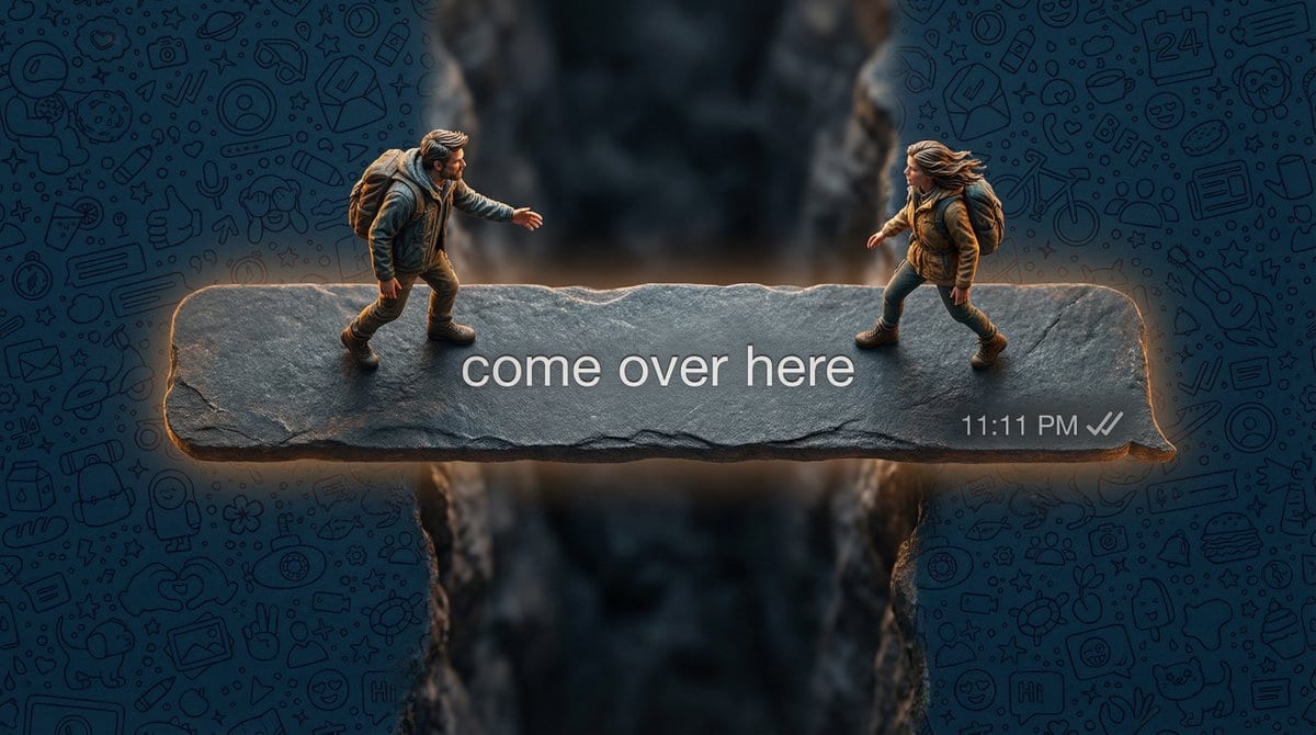 Hyper-realistic macro photography of tiny humans on a WhatsApp speech bubble bridge