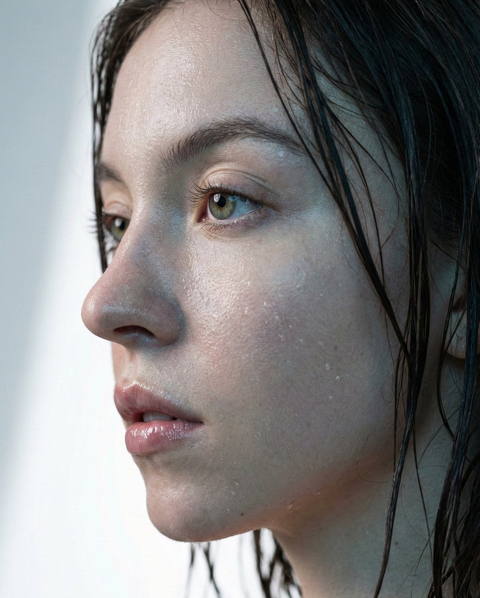 Hyper-Realistic Macro Portrait of Sydney Sweeney (Wet Look)