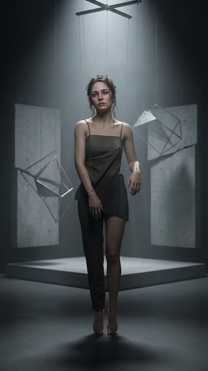 Hyper-Realistic Marionette in Post-Modern Gallery