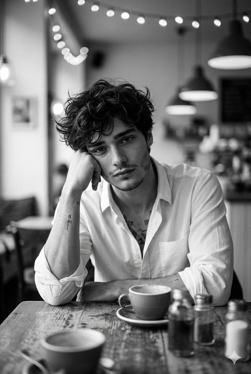 Hyper-Realistic Monochrome Cinematic Café Portrait