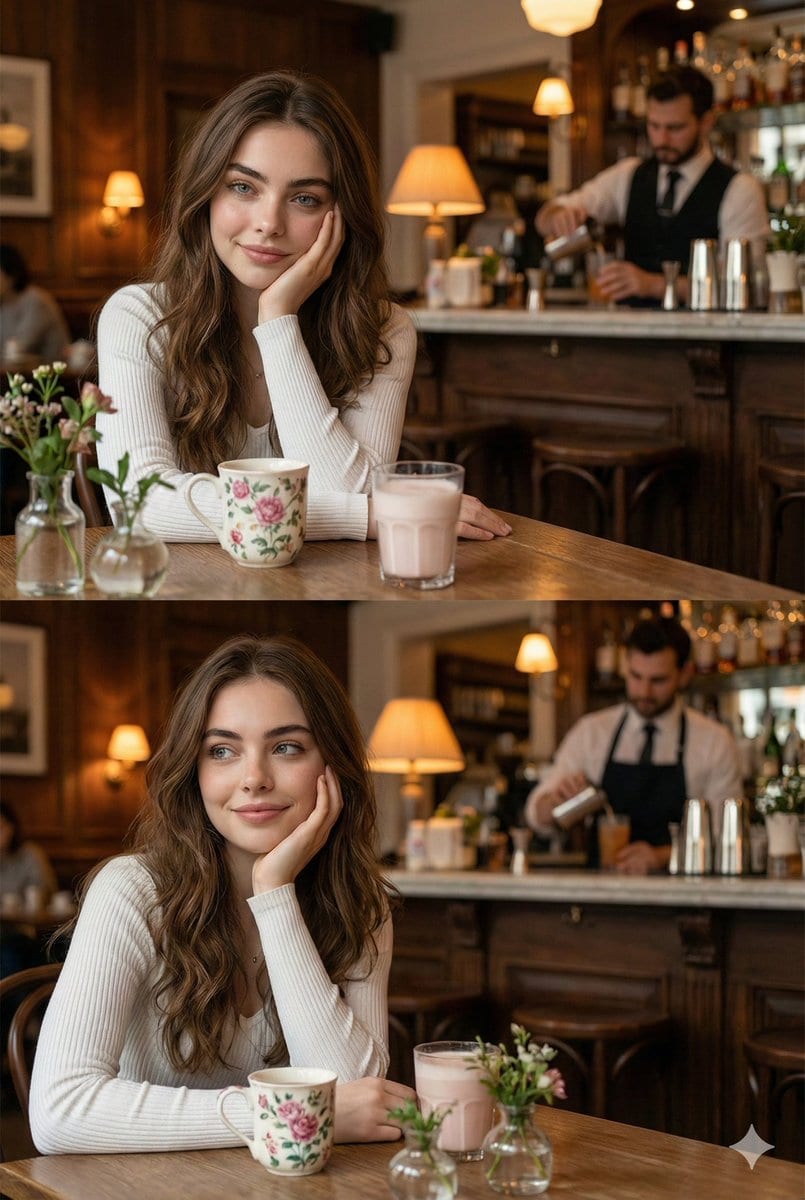 Hyper-realistic photo of a young woman in a cozy café