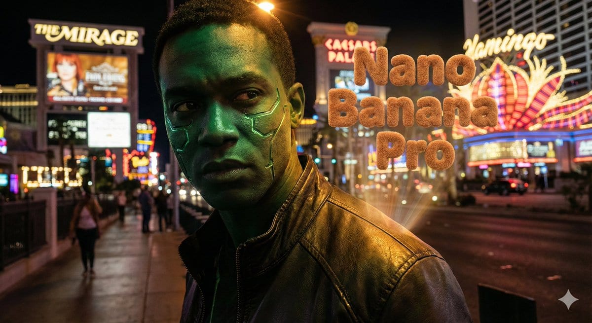 Hyper-realistic portrait with vibrant green skin on the Las Vegas Strip