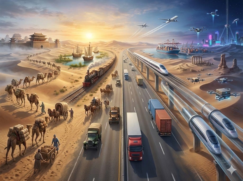 Hyper-realistic Transportation Evolution Panoramic Landscape Prompt