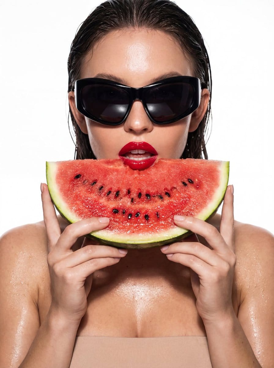 Hyper-Stylized Close-up with Watermelon and Futuristic Sunglasses
