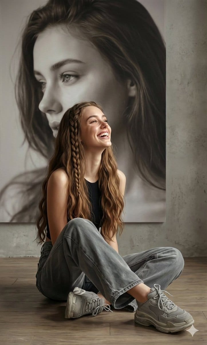 Hyperrealistic Portrait with Monochrome Profile Background