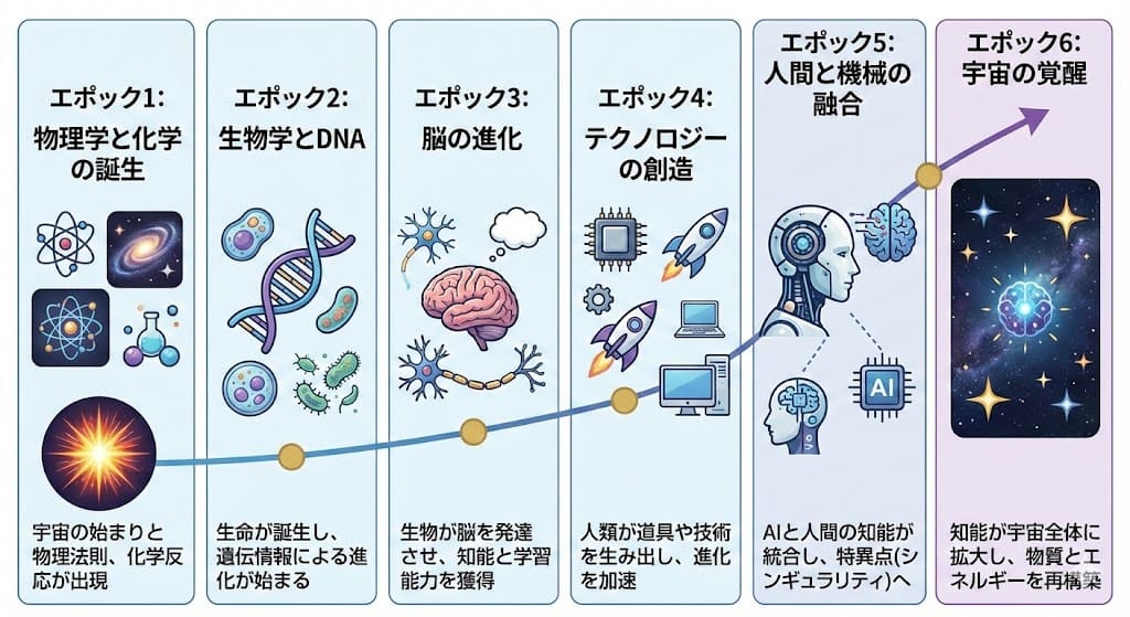 Illustration explaining Kurzweil’s six epochs in Japanese