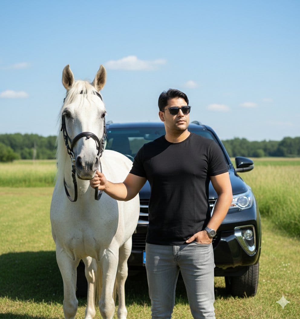 Image Generation Prompt for Man with Horse and Car