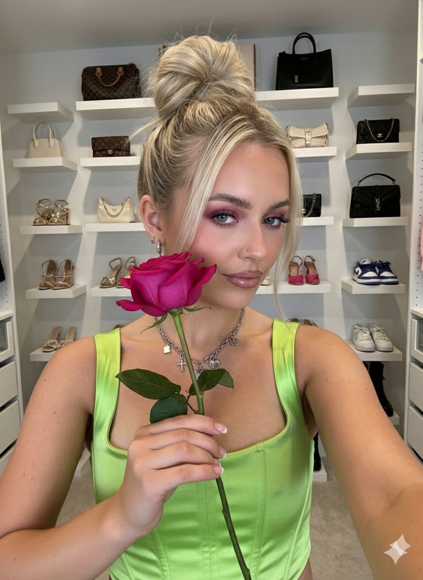 Influencer-Style Selfie Portrait with Rose and Detailed Environment