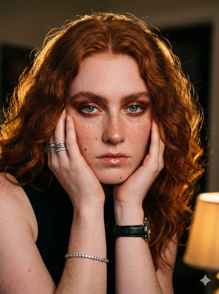 Intimate Auburn Portrait with Rembrandt Lighting Prompt