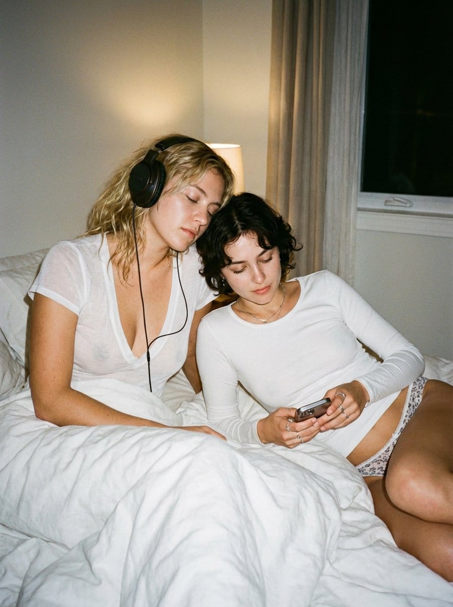 Intimate Candid Lifestyle Photo of Two Women on White Sheets