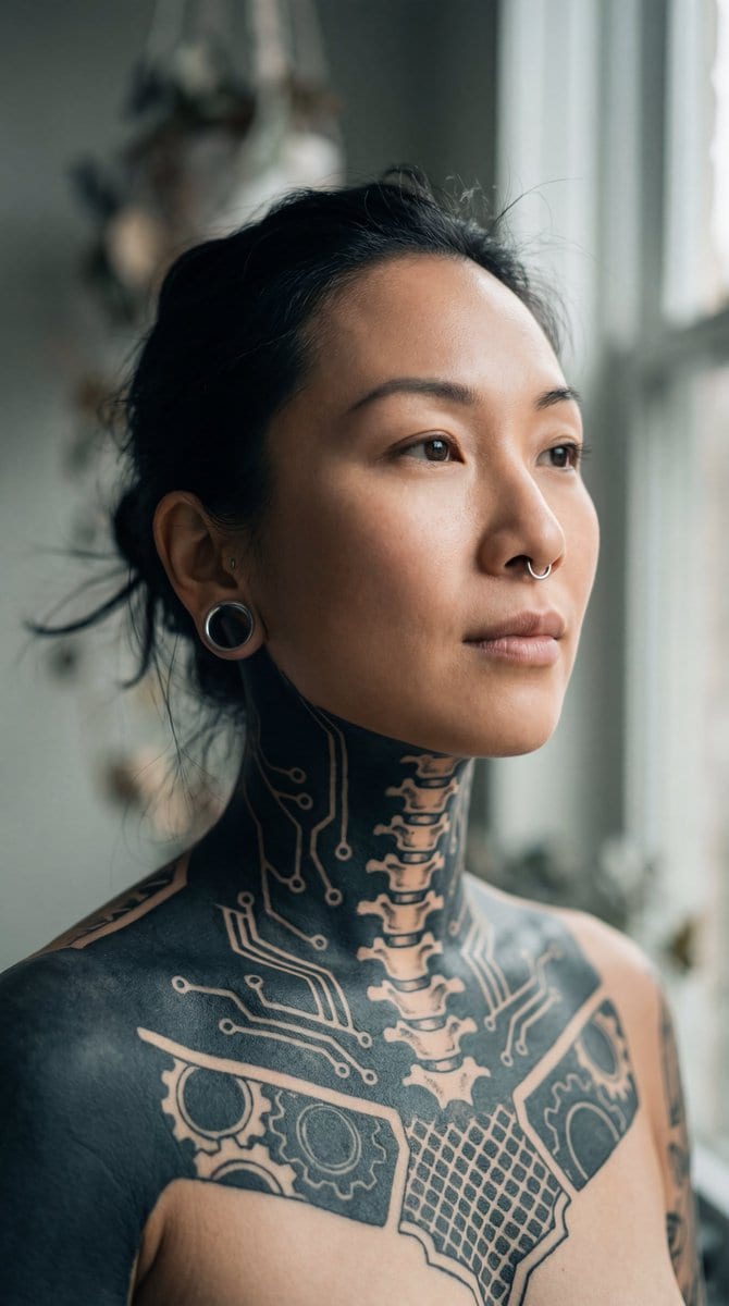 Intimate Portrait of East Asian Woman with Extensive Blackout Tattoos