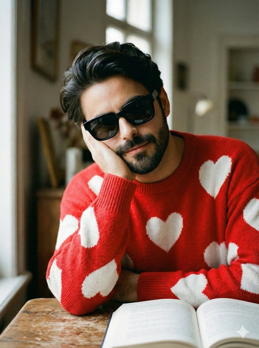 Intimate Portrait of Man Reading in Red Heart Sweater