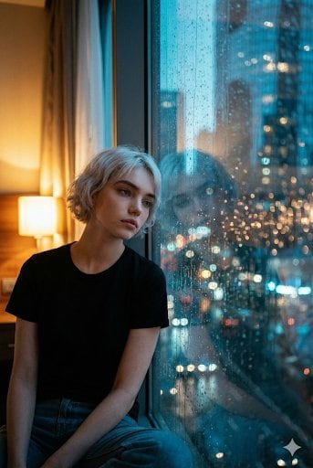 Introspective Cinematic Portrait at a Rainy Window