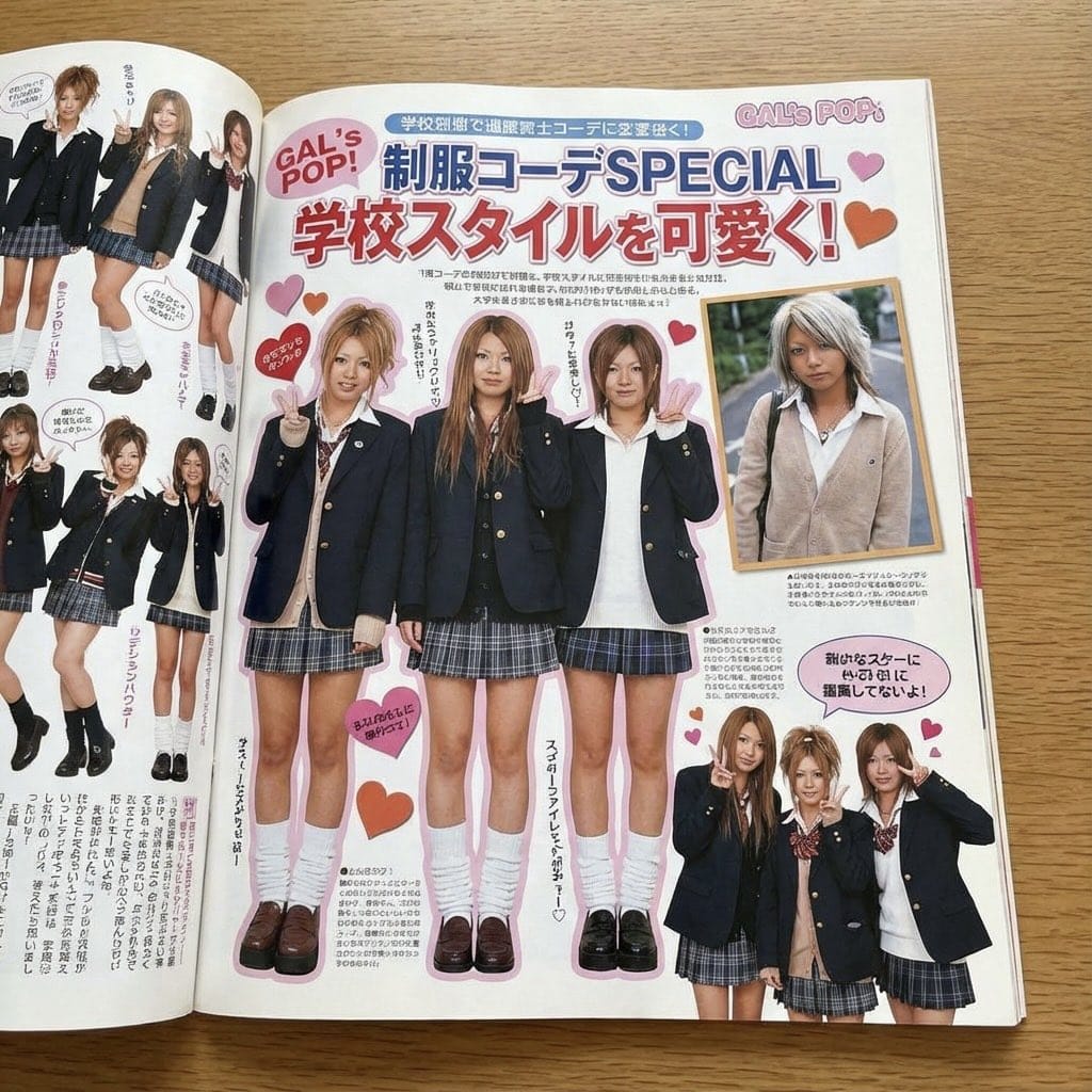 Japanese gyaru magazine spread on school uniforms