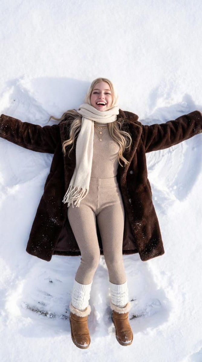 Joyful Snow Angel in 'Old Money' Winter Fashion