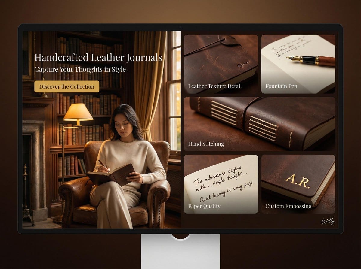 Landing Page Design for Leather Journals (Split Screen)