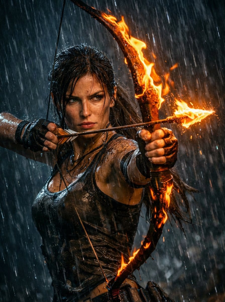 Lara Croft with Fiery Bow in Heavy Downpour