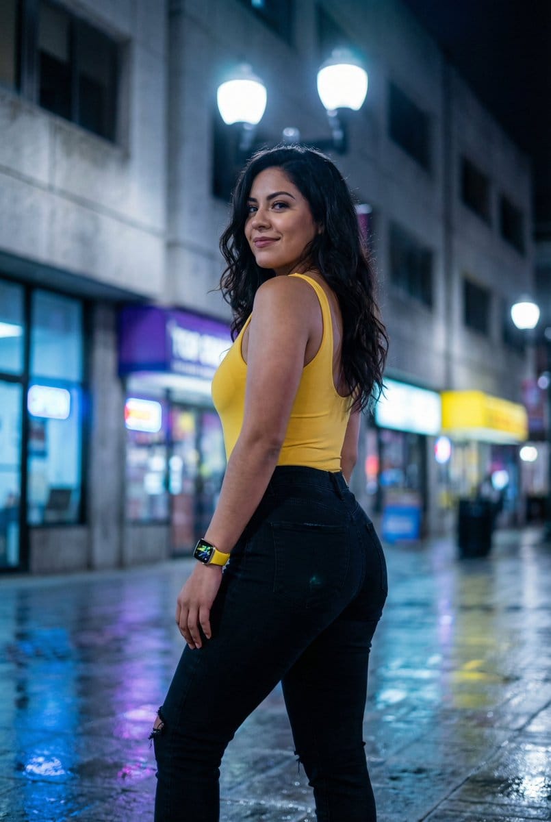 Latina Woman in City Street with Identity Lock