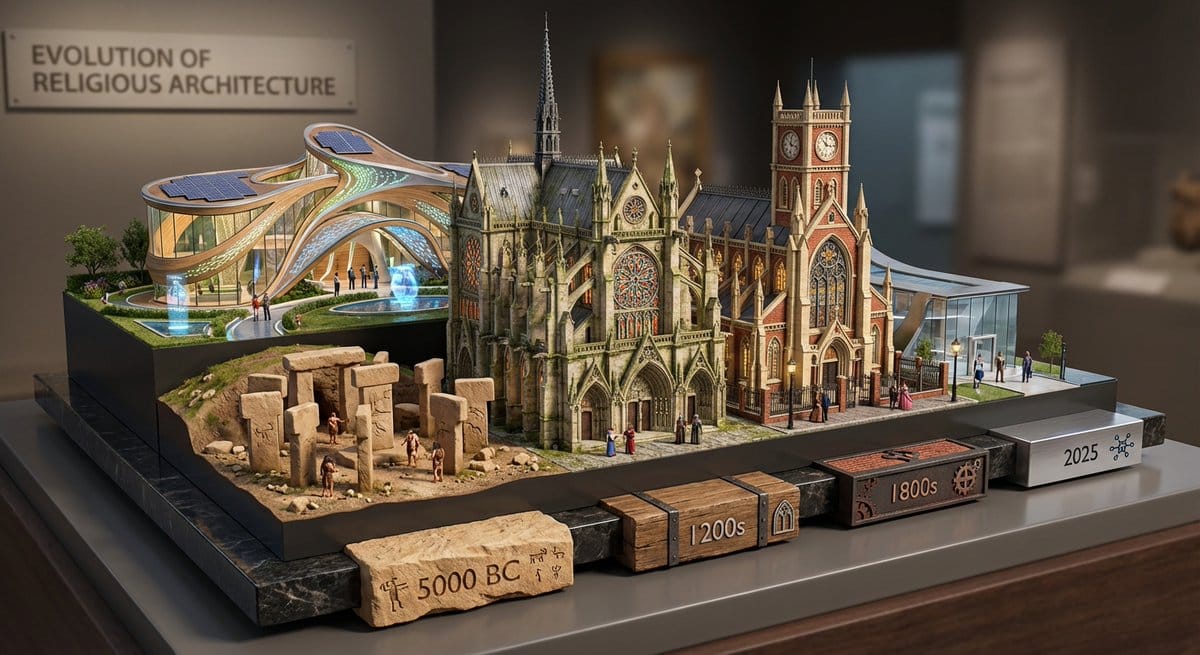 Layered Diorama of Religious Architecture Evolution