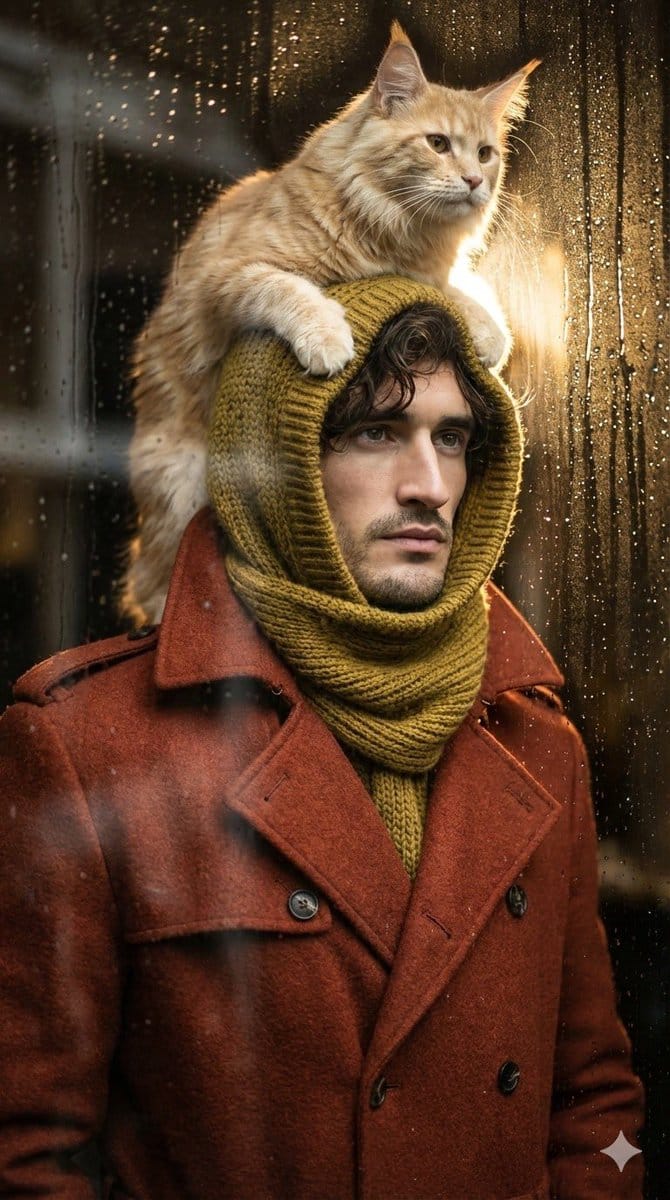 Low-angle man with hood scarf and cat on head