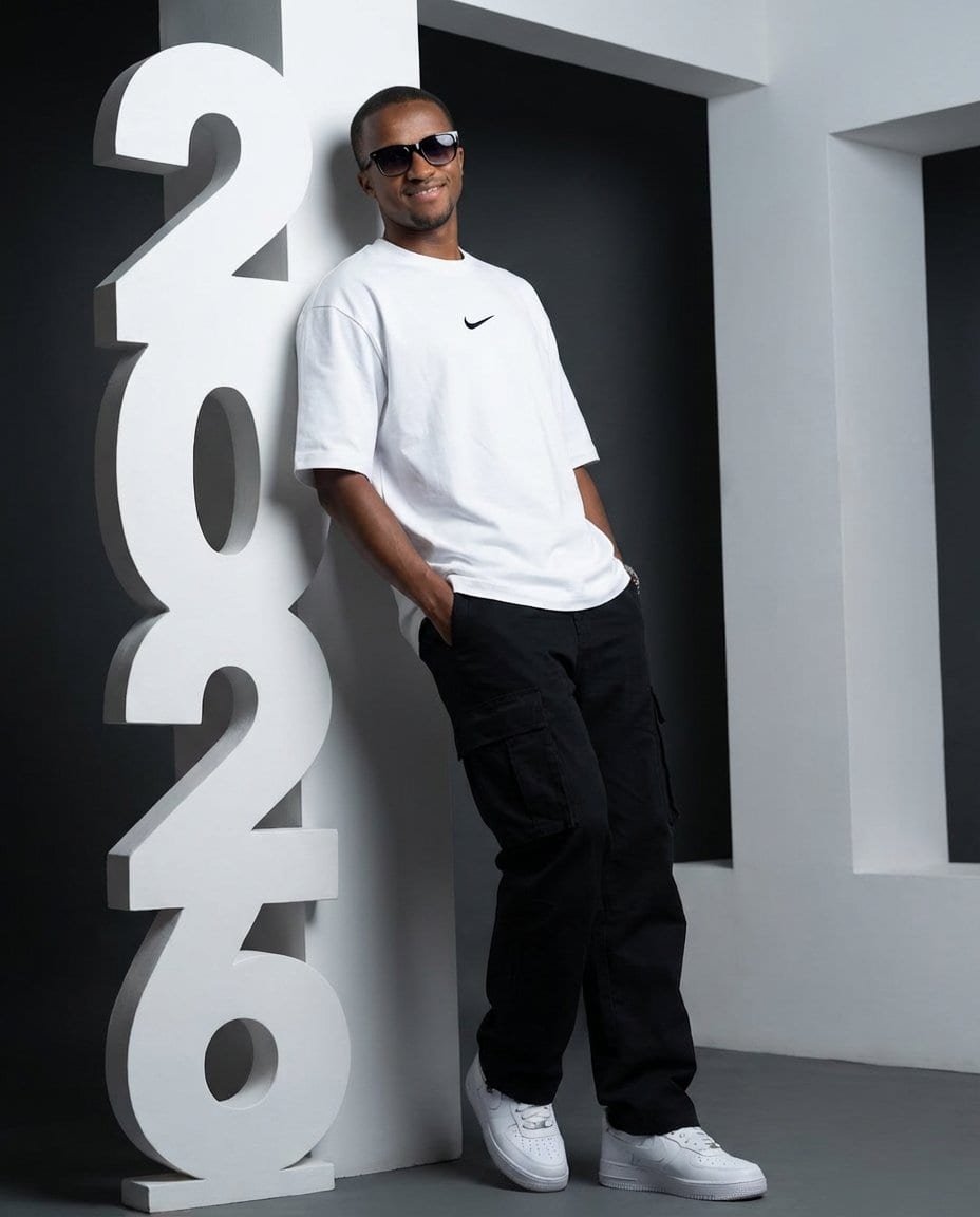 Low-Angle Streetwear Portrait with Architectural Text