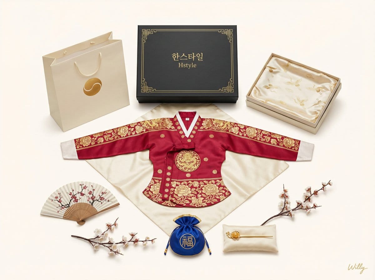Luxury Korean Hanbok Product Mockup (Symmetrical Flat Lay)