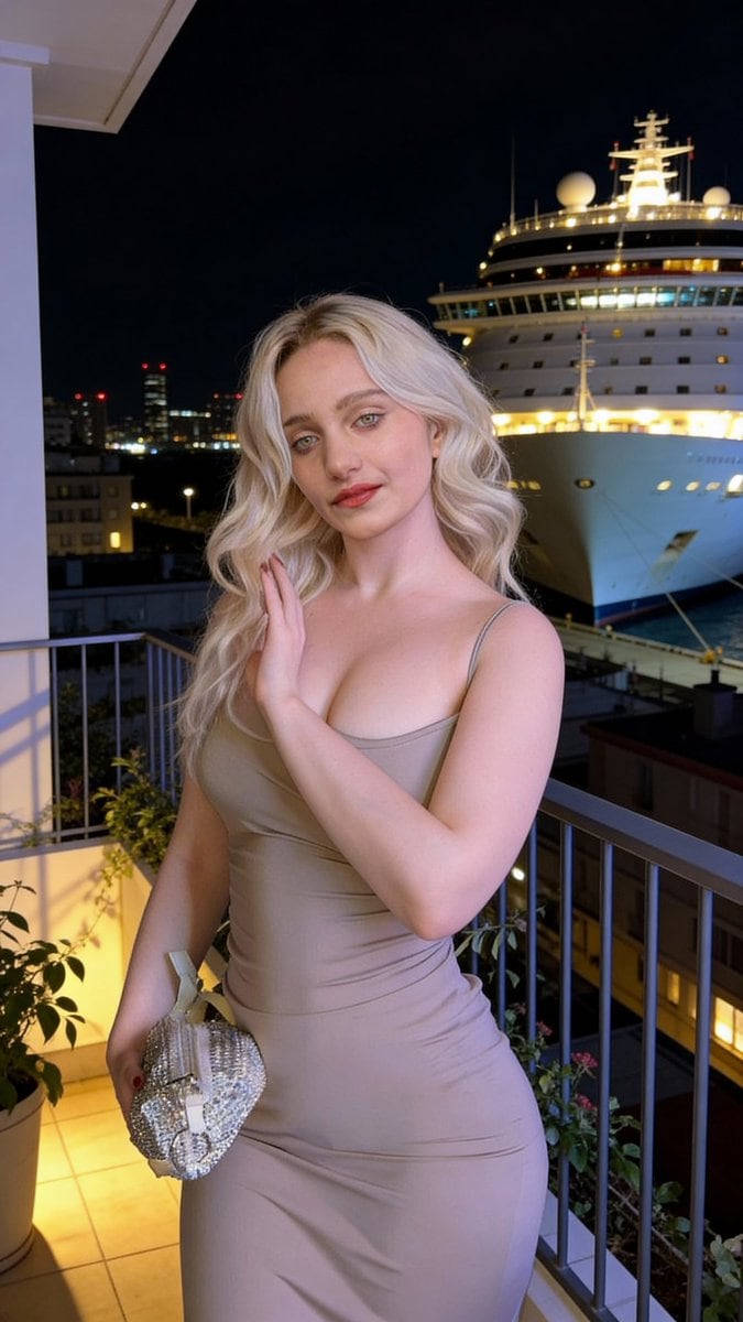 Luxury Nighttime Balcony Portrait with Harbor View