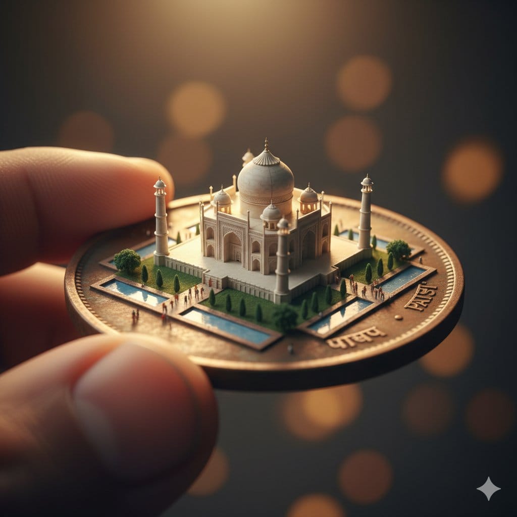 Macro Realism: Miniature Taj Mahal on a Vintage Indian Coin