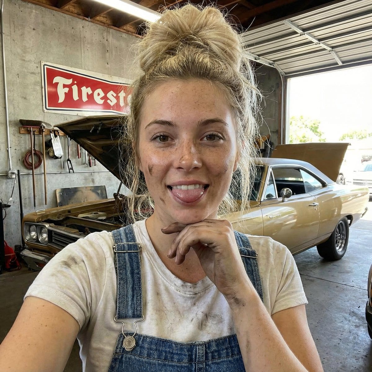 Mechanic Garage Selfie with iPhone 17 Pro Max Specs (JSON)