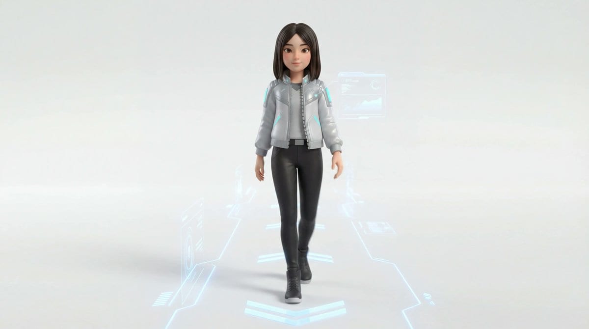 Medium Shot of Character Interacting with Floating Interface