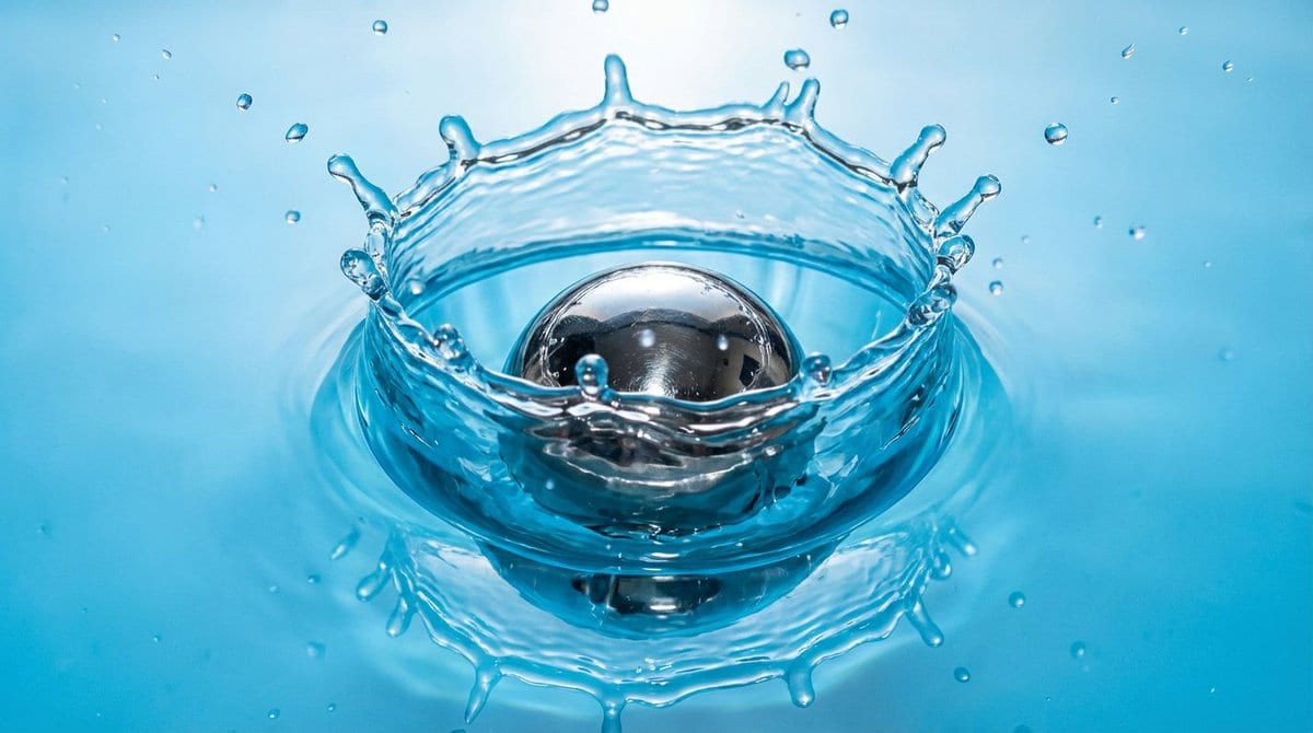 Metal ball splashing into water (slow-motion feel)