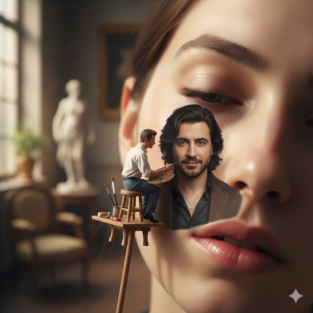 Miniature Artist Painting on a Giant Face Prompt