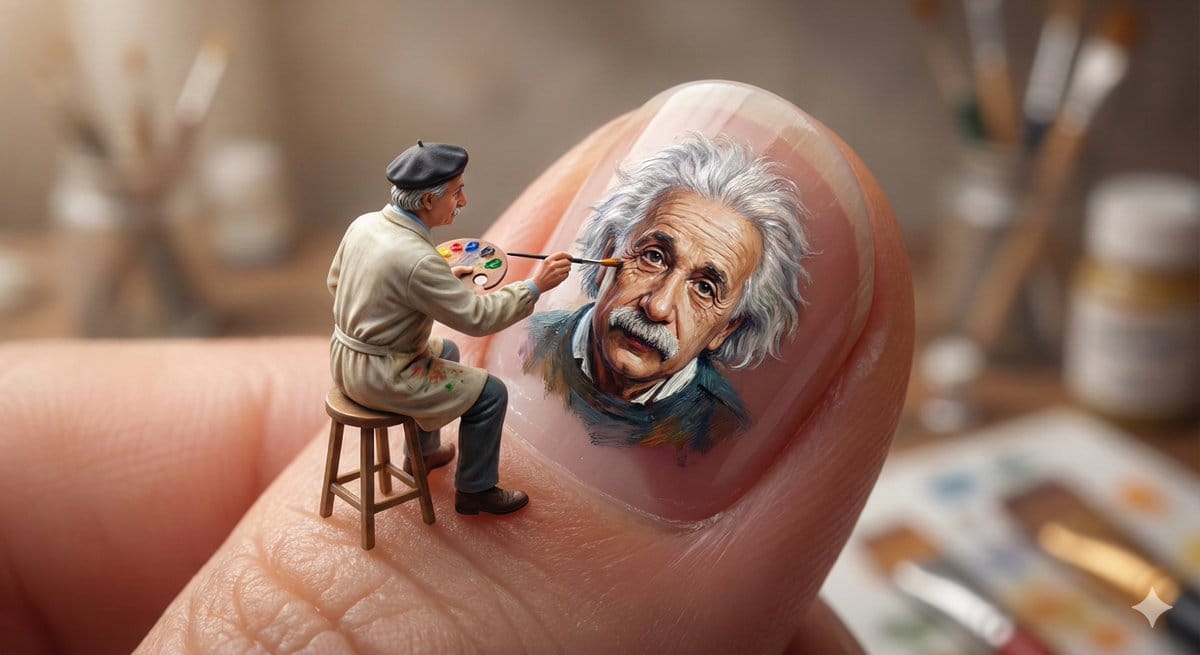 Miniature Artist Painting on a Giant Fingernail