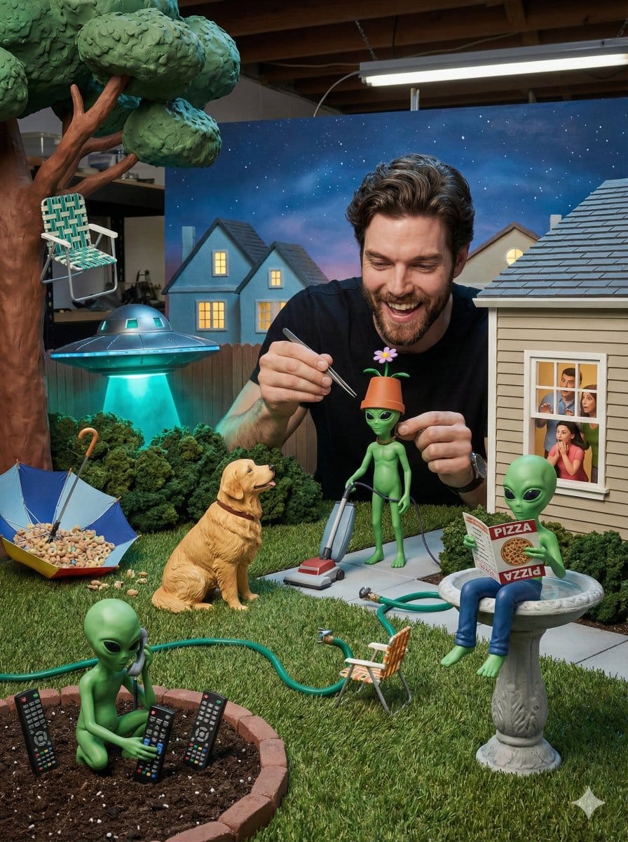 Miniature Diorama of Confused Alien in a Suburban Backyard