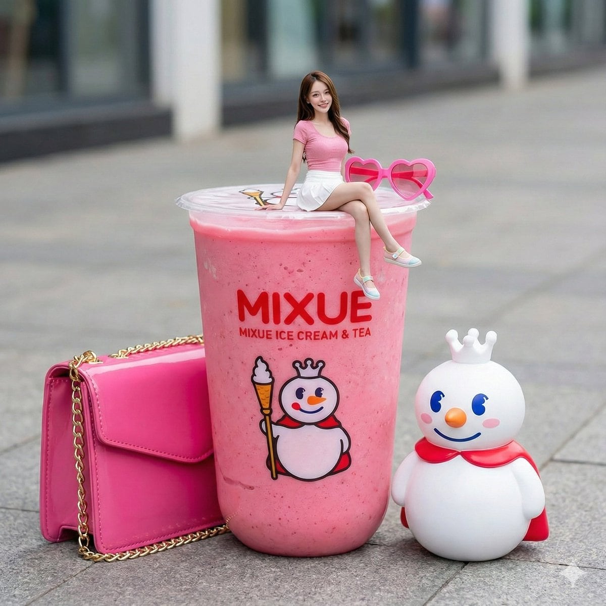 Miniature Girl Sitting on Coffee Cups