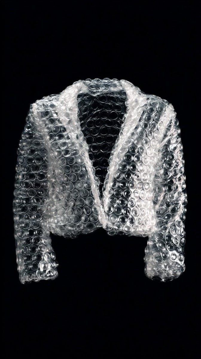 Minimalist studio shot of transparent bubble wrap fashion item
