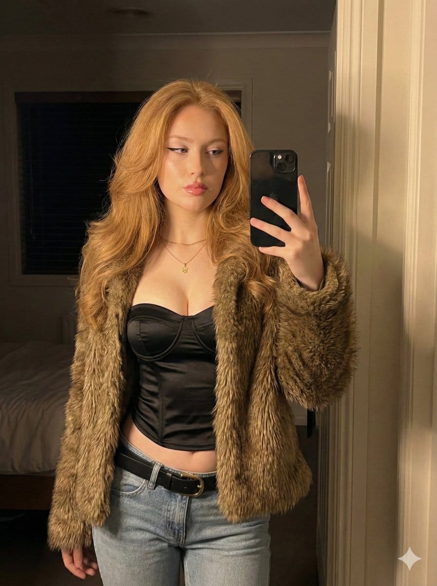 Mirror Selfie in Faux Fur Jacket and Corset Top