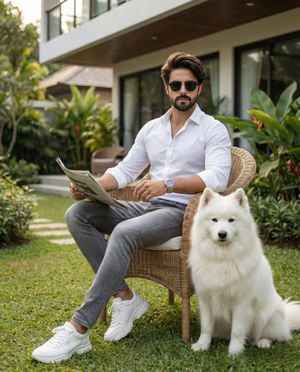 Modern Luxury Lifestyle Portrait of a Man in a Garden