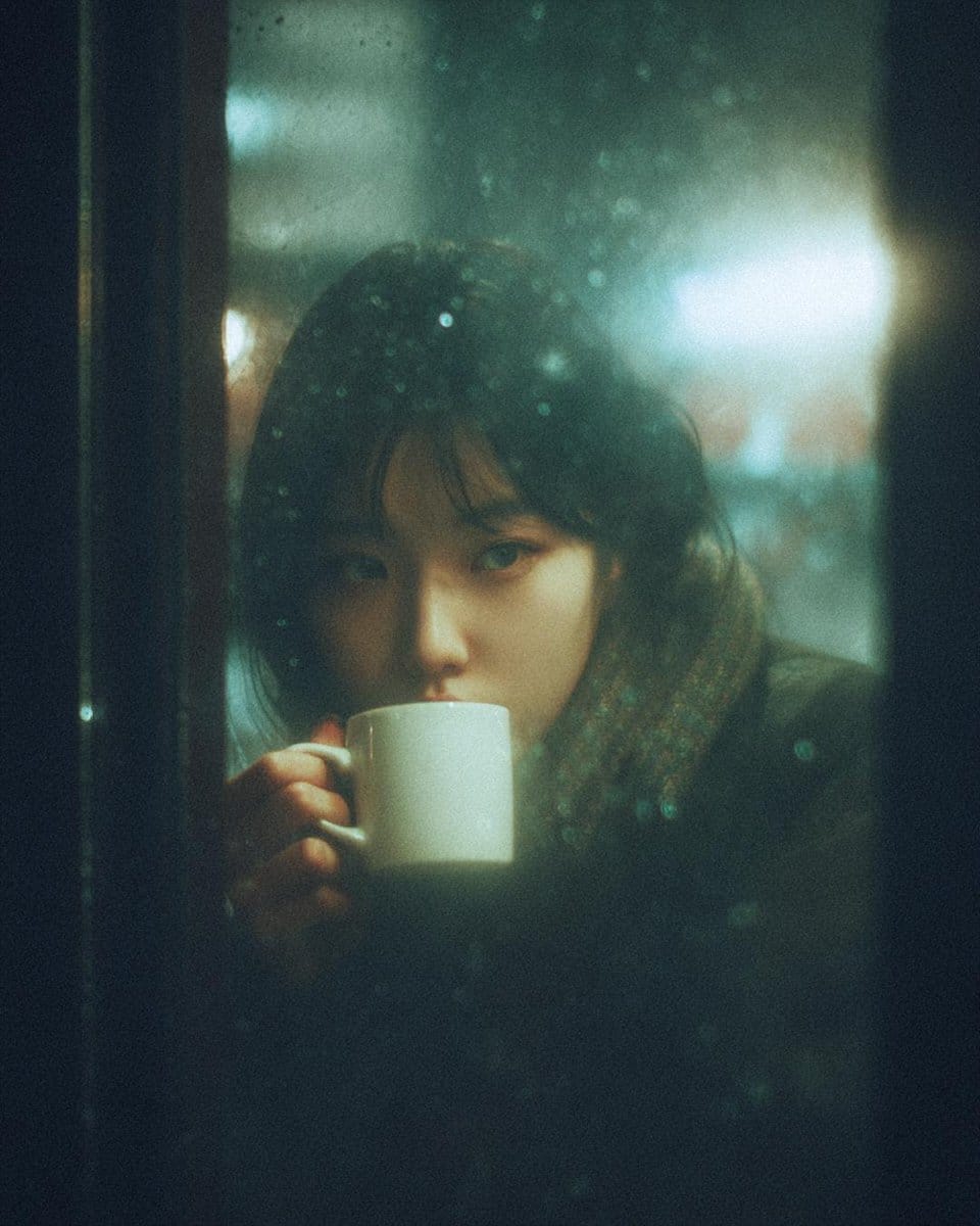 Moody Cinematic Café Scene in the Rain