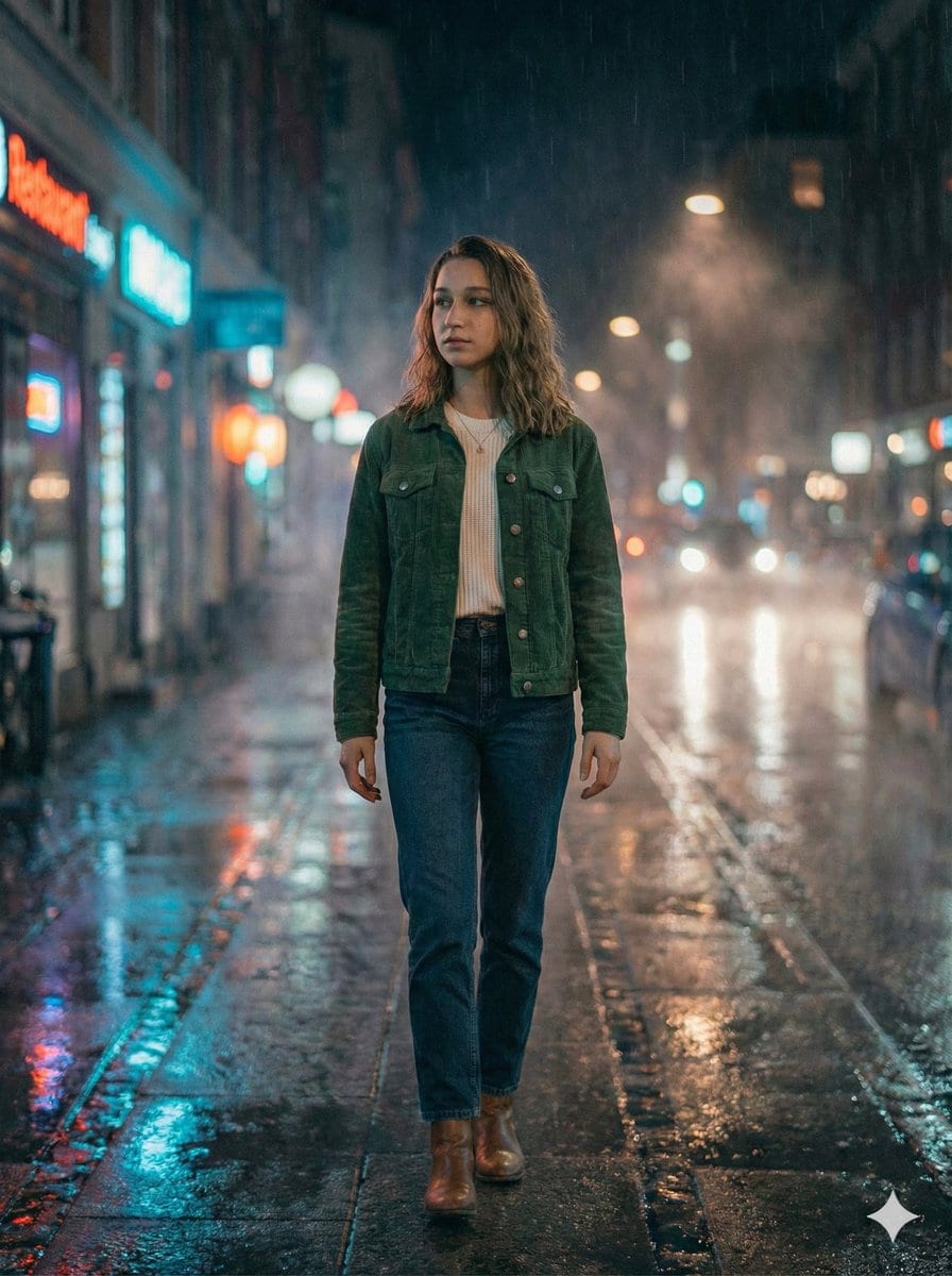 Moody Cinematic Night Rain Portrait (JSON)