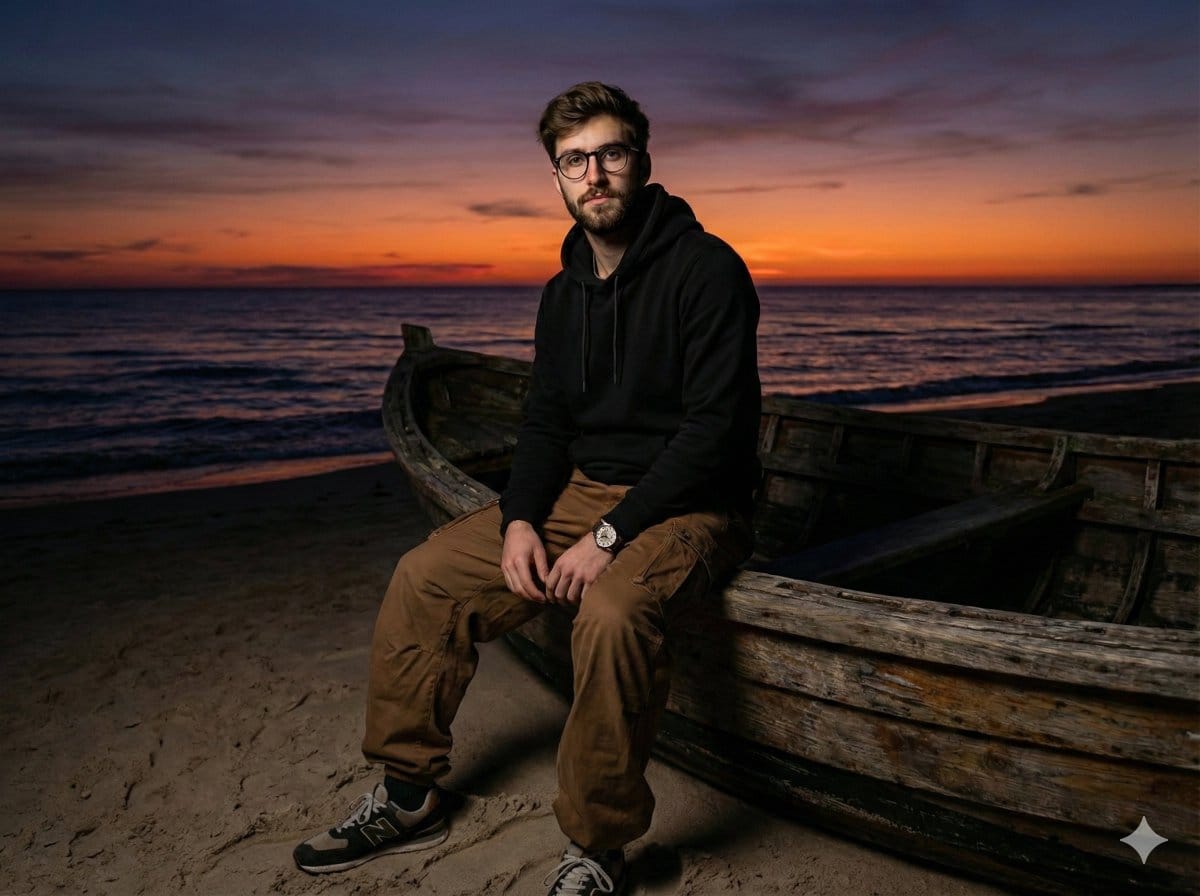 Moody Cinematic Portrait on Stranded Boat at Sunset