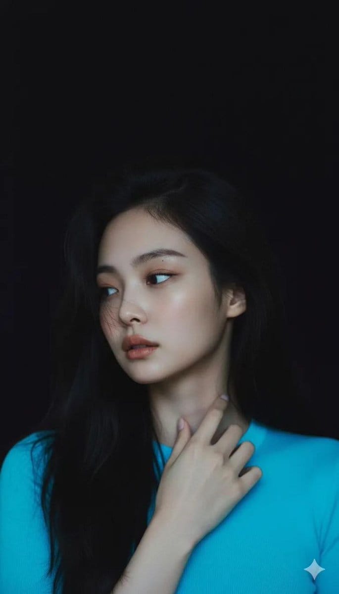 Moody Cinematic Portrait with Neon Blue Top Prompt