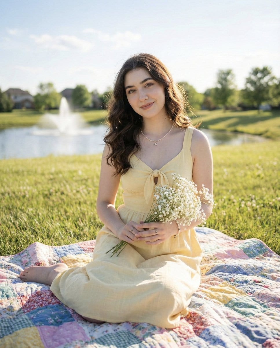 Natural outdoor portrait of a young woman on a picnic blanket