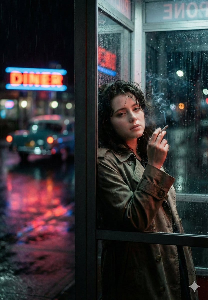 Neo-Noir Phone Booth Scene in the Rain