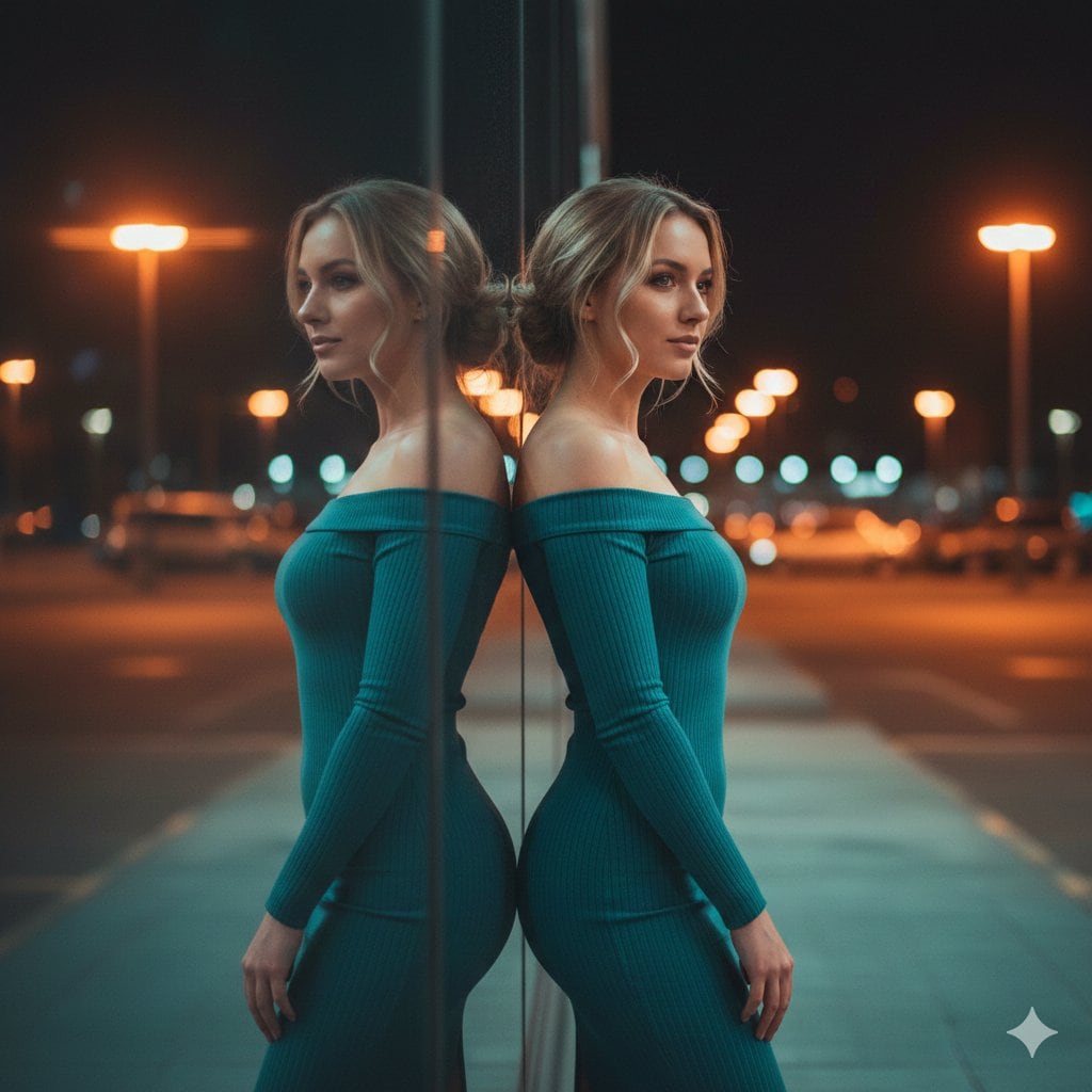 Neon-Lit Mirror Reflection Portrait Prompt