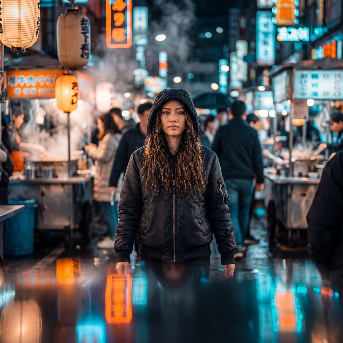 Neon-Lit Night Market Cinematic Portrait