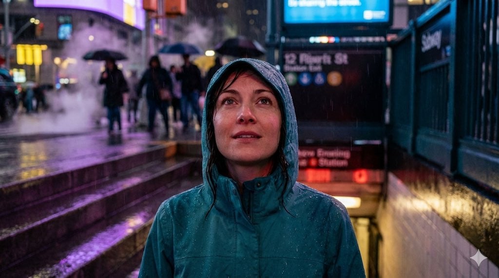 Neon Rain Subway Exit Portrait Prompt